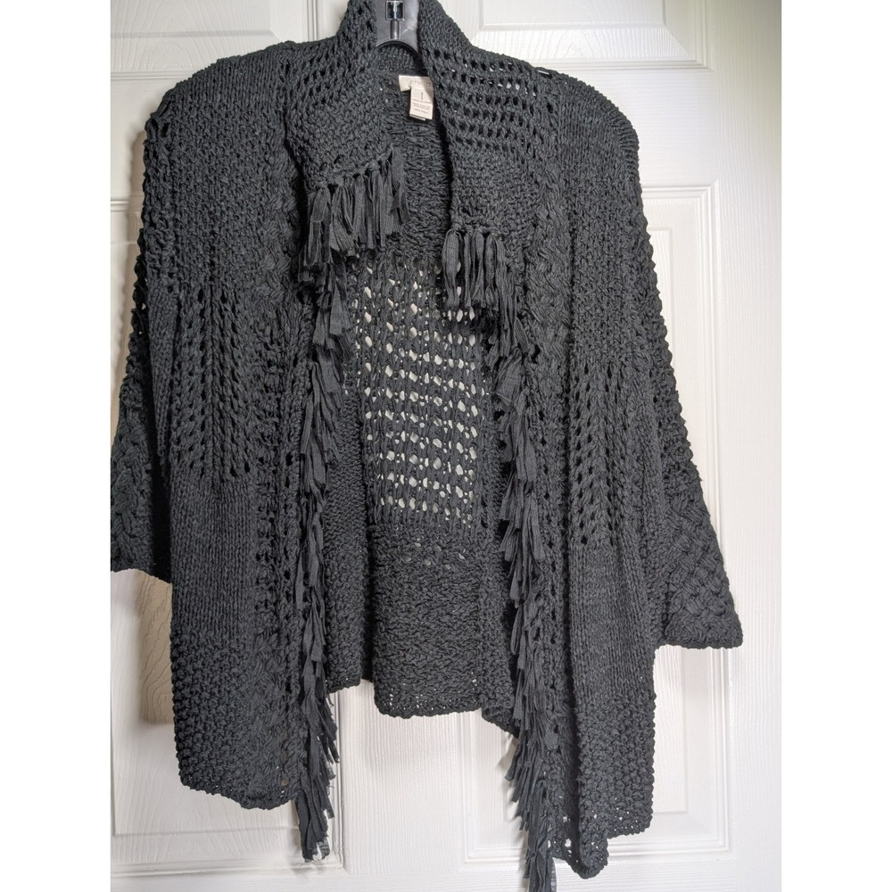 Chico's Loose Knit Fringe Cardigan Size 1 Black Boho‎ Elbow Length Sleeves